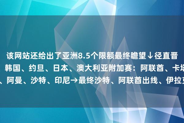 该网站还给出了亚洲8.5个限额最终瞻望↓径直晋级：伊朗、乌兹别克斯坦、韩国、约旦、日本、澳大利亚附加赛：阿联酋、卡塔尔、伊拉克、阿曼、沙特、印尼→最终沙特、阿联酋出线、伊拉克进洲际附加赛    2026买球站体育信息